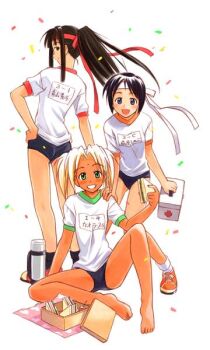 3girls akamatsu_ken aoyama_motoko ass barefoot bindi blush_stickers bob_cut buruma confetti dark_skin dark-skinned_female first_aid first_aid_kit food gym_uniform hachimaki headband kaolla_su legs looking_back love_hina maehara_shinobu multiple_girls picnic ponytail sandwich short_hair spread_legs thermos