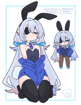 1boy :3 animal_ear_hairband animal_ears arms_between_legs bare_shoulders black_hairband black_leotard black_pantyhose black_thighhighs blue_bow blue_cardigan blue_eyes blue_necktie blue_shoes bow bulge cardigan chibi collar collarbone commentary covered_navel crossdressing crossdressing_(mtf) detached_collar dot_pupils earclip eyepatch fake_animal_ears fake_tail flipped_hair full_body hair_between_eyes hair_bow hair_intakes hairband hand_on_own_hip hand_up high_heels highleg highleg_leotard highres kneeling leotard light_frown long_hair long_sleeves looking_at_viewer male_focus male_playboy_bunny multiple_views narrowed_eyes necktie no_nose no_shoes one_eye_covered op_na_yarou open_cardigan open_clothes original pantyhose playboy_bunny rabbit_ear_hairband rabbit_ears rabbit_tail raised_eyebrows rigel_(op_na_yarou) shoes short_necktie sidelocks simple_background sleeves_past_fingers sleeves_past_wrists standing straight_hair tail thighhighs trap twintails v v-shaped_eyebrows v_arms very_long_hair watermark white_background white_collar white_hair