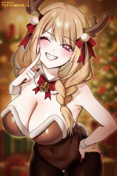 antlers bare_arms bare_shoulders bell blonde_hair blurry blurry_background blush breasts brown_leotard christmas cleavage commentary covered_navel deer_antlers deer_tail english_commentary fingernails grin hand_on_own_hip hand_up highres horns kitagawa_marin large_breasts leaning_forward leotard long_fingernails long_hair looking_at_viewer one_eye_closed paid_reward_available pantyhose patreon_username pink_eyes smile sono_bisque_doll_wa_koi_wo_suru tail teeth tofuubear