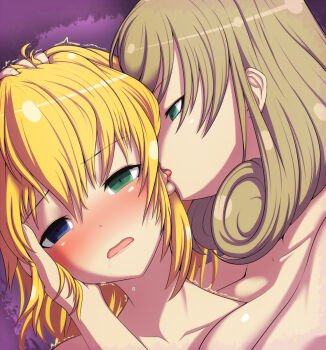 2girls blonde_hair blue_eyes blush after_rape ear_licking empty_eyes female_focus gold_biotope green_eyes haruka_(senran_kagura) highres licking mind_break multiple_girls nude ryouna_(senran_kagura) senran_kagura short_hair trembling