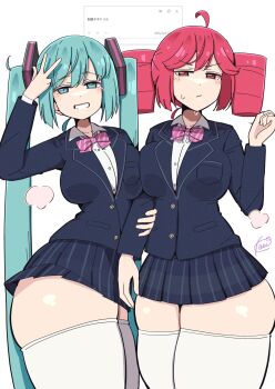 2girls ahoge alternate_costume ass blazer blue_eyes blue_hair blue_serafuku blush_stickers bow bowtie breast_press breasts clenched_teeth collared_shirt cowboy_shot diagonal-striped_bow diagonal-striped_bowtie diagonal-striped_clothes drill_hair hair_ornament hand_up hatsune_miku highres holding_another's_arm huge_ass jacket kasane_teto kooei lapels long_hair looking_at_viewer medium_breasts miniskirt multiple_girls notched_lapels odaibako pink_bow pink_bowtie pleated_skirt red_eyes red_hair school_uniform serafuku shirt short_hair simple_background skindentation skirt smile standing striped_bow striped_bowtie striped_clothes striped_shirt striped_skirt teeth thick_thighs thighhighs thighs twin_drills twintails utau v vertical-striped_clothes vertical-striped_skirt very_long_hair vocaloid white_background white_shirt white_thighhighs zettai_ryouiki