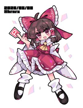 Rule 34 | 1girl, ascot, between fingers, black shoes, blush, bow, brown eyes, brown hair, dated, detached sleeves, frilled bow, frilled hair tubes, frills, hair bow, hair tubes, hakurei reimu, harunori (hrnrx), highres, holding, long hair, looking at viewer, mary janes, open mouth, power item (touhou), red bow, red skirt, ribbon-trimmed skirt, ribbon-trimmed sleeves, ribbon trim, shoes, skirt, skirt set, smile, socks, solo, touhou, white socks, yellow ascot