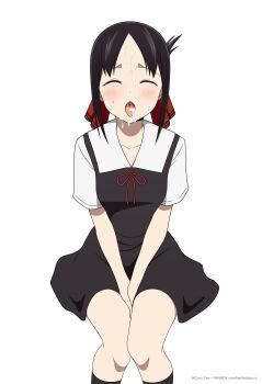1girl absurdres black_dress closed_eyes coro_fae cum cum_in_mouth cum_on_body cum_on_tongue dress facial folded_ponytail hair_ribbon highres invisible_chair kaguya-sama_wa_kokurasetai_~tensai-tachi_no_renai_zunousen~ kneehighs parted_bangs red_ribbon ribbon school_uniform shinomiya_kaguya shuuchiin_academy_school_uniform simple_background sitting socks solo tongue tongue_out v_arms white_background