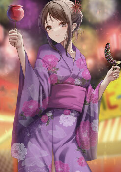 1girl aerial_fireworks blurry blurry_background breasts brown_eyes brown_hair candy_apple character_request chocolate-covered_food chocolate_banana closed_mouth collarbone commentary_request cowboy_shot fireworks floral_print floral_print_kimono food guest_art hair_ornament holding holding_candy_apple holding_food iya_na_kao_sare_nagara_opantsu_misete_moraitai japanese_clothes kimono long_hair medium_breasts obi print_kimono purple_kimono purple_sash sash second-party_source solo standing summer_festival yamikyon yukata