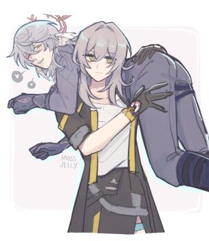 Rule 34 | 1boy, 1girl, absurdres, artist name, black gloves, carrying, carrying over shoulder, carrying person, closed mouth, couple, feathered wings, gloves, grey hair, head wings, heart, hetero, highres, honkai: star rail, honkai (series), mossjelly, shirt, short hair, smile, stelle (honkai: star rail), sunday (honkai: star rail), trailblazer (honkai: star rail), white shirt, wings, yellow eyes