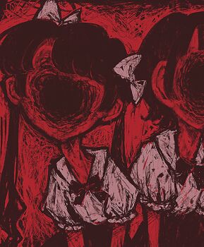 2girls bow commentary english_commentary faceless gestart333 hair_bow horror_(theme) long_hair long_neck monochrome multiple_girls original parted_bangs puffy_short_sleeves puffy_sleeves red_theme shirt short_sleeves twintails