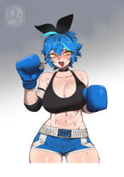 Rule 34 | 1girl, after battle, ahoge, aqua hair, bare shoulders, black choker, black sports bra, blue hair, blush, boxing gloves, boxing shorts, breasts, bruise on stomach, character name, choker, cleavage, collarbone, cowboy shot, dif (difman), difman, dyed ahoge, exhausted, fang, fishnets, gradient background, highres, huge breasts, looking at viewer, medium hair, midriff, mouth guard, navel, original, saliva, shiny skin, shorts, signature, simple background, solo, sports bra, sweat, thick thighs, thighs, tongue, tongue out, white background, yellow eyes