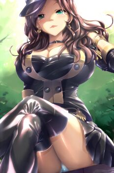 1girl breasts brown_hair cleavage dorothea_arnault earrings fire_emblem fire_emblem:_three_houses garreg_mach_monastery_uniform green_eyes hat jewelry large_breasts long_hair nintendo panties skirt solo thighhighs underwear yanmarson
