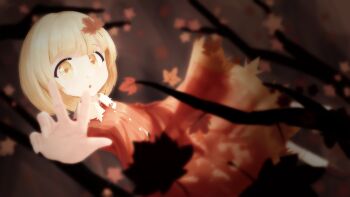 Rule 34 | 1girl, aki shizuha, autumn leaves, blonde hair, buttons, collared shirt, commentary, cyanaqua, english commentary, falling leaves, highres, leaf, open mouth, reaching, reaching towards viewer, red shirt, red skirt, shirt, short hair, skirt, solo, touhou, untranslatable commentary, yellow eyes