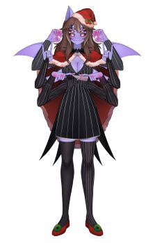 Rule 34 | 1girl, absurdres, animal ears, arthropod girl, asymmetrical legwear, bat ears, blood, blood on clothes, blood on hands, bloody knife, bloody weapon, brown hair, cape, colored sclera, colored skin, cosplay, dante will, dante will (spider), extra arms, extra eyes, fingernails, formal clothes, fur-trimmed cape, fur trim, hat, hat ornament, highres, holding, insect girl, jack skellington, jack skellington (cosplay), knife, long sleeves, mismatched legwear, monster girl, neobaka, ohwasuy, pinstripe pattern, pinstripe suit, purple skin, santa hat, sharp fingernails, spider girl, stitched mouth, stitches, suit, the nightmare before christmas, weapon, wings