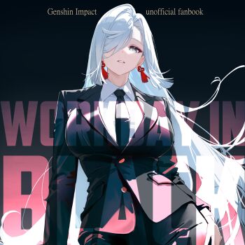 1girl absurdres black_background black_necktie black_pants breasts commentary_request earrings english_text genshin_impact grey_eyes hair_over_one_eye highres jacket jewelry large_breasts long_hair looking_at_viewer necktie pants parted_lips shenhe_(genshin_impact) shirt solo suit_jacket tassel tassel_earrings white_hair white_shirt yumeto_(ym-1)