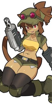 1girl alternate_costume animal_ears bandeau black_thighhighs body_fur boots breasts brown_fur brown_hair cat_ears cat_girl cat_tail ears_through_headwear fangs furry furry_female gameoverse goggles goggles_on_headwear green_boots green_hat green_shorts gun hat highres holding holding_gun holding_weapon kit_bodega looking_at_viewer medium_breasts midriff navel official_alternate_costume ohta_guk_hip open_mouth ponytail red_eyes short_hair short_shorts shorts simple_background sitting smile solo tail thighhighs thighs weapon whiskers white_background yellow_bandeau