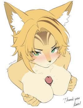 1girl absurdres animal_ear_fluff animal_ears animal_nose bar_censor blonde_hair body_fur breasts cat_ears cat_girl censored commentary english_commentary furry furry_female green_eyes highres large_breasts looking_at_viewer nude paizuri penis pulchra_fellini sillycat4725 snout solo_focus thank_you twitter_username upper_body zenless_zone_zero