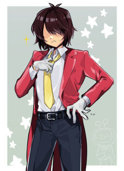 1other adjusting_clothes adjusting_necktie ant_tenna ant_tenna_(cosplay) belt belt_buckle black_belt black_pants border brown_hair buckle collared_shirt cosplay cowboy_shot crt deltarune doodle_inset frown hashtag-only_commentary kris_(deltarune) necktie object_head outside_border own_hands_together pants partially_shaded_face shirt shirt_tucked_in short_hair solo_focus sparkle tabasc0de tailcoat utdr_(toby_fox) white_border white_shirt yellow_necktie