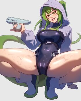 1girl arknights arknights:_endfield black_bodysuit blush bodysuit boots female_focus fluorite fluorite_(arknights) green_eyes green_hair hetero hornyunion long_hair mobile_game naughty_face playing_games pussy_visible_through_panties rule34.xxx smile smirk solo tail thick_thighs thighs video_game wet wet_bodysuit wet_clothes