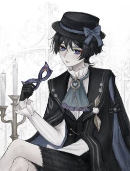1boy aiguillette alternate_costume aqua_ascot ascot black_coat black_gloves black_hair black_hat black_shorts blue_bow blunt_ends boater_hat bow candle candlestand coat coat_on_shoulders collared_shirt crossed_legs domino_mask double-parted_bangs eye_mask eyelashes eyeliner eyeshadow feathers formal_clothes frilled_ascot frilled_bow frilled_shirt_collar frilled_sleeves frills genshin_impact gloves gold hair_between_eyes half_gloves hand_up hat hat_bow heart highres holding holding_mask lace-trimmed_shorts lace_trim layered_ascot light_blush long_sleeves looking_at_viewer makeup male_focus mask pom_pom_(clothes) purple_ascot purple_eyes purple_mask red_eyeliner red_eyeshadow scaramouche_(genshin_impact) shirt shorts sitting solo tongue tongue_out tsurime undershirt wanderer_(genshin_fes_2026)_(genshin_impact) wanderer_(genshin_impact) white_background white_shirt white_sleeves yellow_feathers yoruli_e