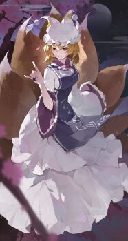 Rule 34 | 1girl, animal hat, artist name, blonde hair, blue tabard, breasts, cherry blossoms, closed mouth, dress, fox shadow puppet, fox tail, frilled dress, frills, full body, full moon, hat, highres, kenkxx, kitsune, long sleeves, looking at viewer, medium breasts, mob cap, moon, multiple tails, short hair, smile, solo, tabard, tail, touhou, watermark, watermark grid, white dress, wide sleeves, yakumo ran, yellow eyes