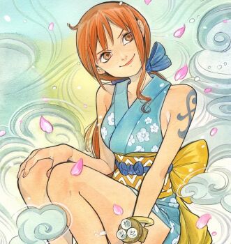1girl 2025 arm_tattoo bangle bare_shoulders blue_bow blue_kimono bow bracelet closed_mouth commentary floral_print floral_print_kimono hair_bow japanese_clothes jewelry kimono log_pose looking_to_the_side looking_up nami_(one_piece) nami_(one_piece)_(wano) obi official_art one_piece one_piece_card_game orange_eyes orange_hair peach_momoko pink_petals ponytail print_kimono sash short_kimono sitting sleeveless sleeveless_kimono smile smoke solo tattoo yellow_sash