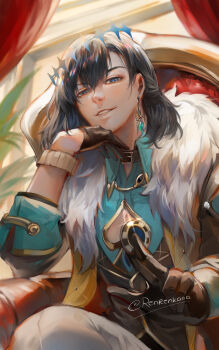 1boy absurdres aventurine_(honkai:_star_rail) aventurine_(honkai:_star_rail)_(cosplay) between_fingers black_gloves black_hair blue_eyes chair commentary cosplay earrings english_commentary fate/grand_order fate_(series) gloves highres holding honkai:_star_rail honkai_(series) index_finger_raised jewelry looking_at_viewer male_focus oberon_(fate) parted_lips poker_chip renrenka_noi sitting solo