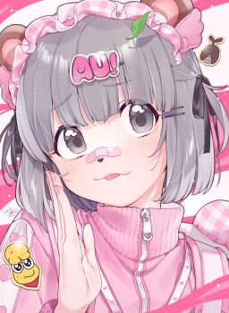 1boy 1girl :3 alternate_costume animal_ears animal_nose apologizing bandaid bandaid_on_face bandaid_on_nose black_ribbon bob_cut chibi chibi_inset dot_nose frilled_hairband frills furrowed_brow grey_eyes grey_hair hair_ornament hair_ribbon hairband hairclip hand_up heart highres jacket leaf leaf_on_head light_blush looking_at_viewer mode_aim peanuts-kun pink_background pink_hairband pink_jacket plaid_hairband ponpoko_(vtuber) portrait raccoon_ears raccoon_girl rhinoceros_beetle ribbon romaji_text saekiyahiro shoulder_strap signature solo_focus tongue tongue_out track_jacket two-tone_background two_side_up virtual_youtuber wavy_eyes white_background