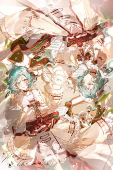 2girls bang_dream! bow chibi commentary duany fur-trimmed_sleeves fur_trim gloves green_eyes green_hair hair_ornament highres hikawa_hina hikawa_sayo matching_accessory matching_outfits multiple_girls multiple_hair_clips official_alternate_costume official_alternate_hairstyle sheet_music siblings symbol-only_commentary white_gloves winter_clothes