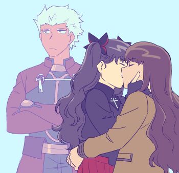 Rule 34 | 1boy, 2girls, archer (fate), black gloves, brown eyes, brown jacket, commentary, crossed arms, dark-skinned male, dark skin, english commentary, fate/extra, fate/extra record, fate (series), fingerless gloves, frown, gloves, highres, jacket, kishinami hakuno (female), kiss, long hair, multiple girls, pleated skirt, red skirt, school uniform, skirt, third wheel, tohsaka rin (fate/extra), tsukumihara academy uniform (fate/extra), two side up, vincent-san, wavy hair, white hair, yuri