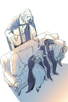 1boy 1girl book braid cape commentary_request couch crown_braid ferdinand_(honzuki_no_gekokujou) from_above hand_on_own_hip hitsuki_(hiidukii) honzuki_no_gekokujou looking_down myne_(honzuki_no_gekokujou) open_book pillow sepia sleeping