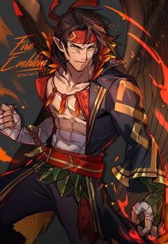 1boy absurdres bare_pectorals black_hair clenched_hand closed_mouth commentary copyright_name english_commentary feather_necklace feathered_wings fire_emblem fire_emblem:_radiant_dawn fire_emblem_heroes headband highres jewelry male_focus medium_hair necklace nintendo official_alternate_costume pectorals pointy_ears scar scar_on_chest scar_on_face silvercandy_gum solo tibarn_(fire_emblem) tibarn_(resplendent)_(fire_emblem) twitter_username wings yellow_eyes