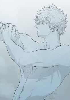 1boy bakugou_katsuki boku_no_hero_academia closed_mouth cropped_torso hand_on_own_arm highres male_focus monochrome oroshi_mi profile scar scar_on_chest short_hair solo spiked_hair toned toned_male topless_male upper_body watermark