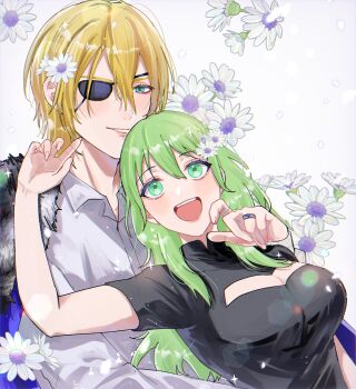 1boy 1girl :d absurdres aqua_eyes black_shirt blonde_hair breasts cleavage cleavage_cutout clothing_cutout dimitri_alexandre_blaiddyd dimitri_alexandre_blaiddyd_(timeskip) eyepatch falling_petals female_byleth_(awakened)_(fire_emblem) female_byleth_(fire_emblem) fingernails fire_emblem fire_emblem:_three_houses flower green_eyes green_hair hair_between_eyes hair_over_shoulder hashtag-only_commentary highres jewelry large_breasts long_hair nintendo open_mouth parted_lips petals ring shirt short_hair smile sparkle tani11a teeth upper_body white_shirt