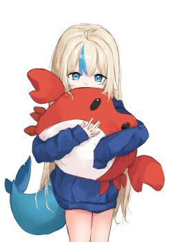 1girl absurdres ahoge alternate_costume blonde_hair blue_eyes blue_hoodie blue_streaks commentary commentary_request covered_mouth cowboy_shot crab double-parted_bangs english_commentary fins fish_girl fish_tail g_da hair_intakes hands_up highres holding holding_stuffed_toy hood hood_down hoodie hugging_doll hugging_object indie_virtual_youtuber kaniki_(sameko_saba) long_hair looking_down loose_hair_strand multicolored_hair one_side_up sameko_saba sidelocks simple_background single_sleeve_past_fingers single_sleeve_past_wrist solo standing streaked_hair stuffed_animal stuffed_toy tachi-e tail two-tone_hair very_long_hair virtual_youtuber white_background