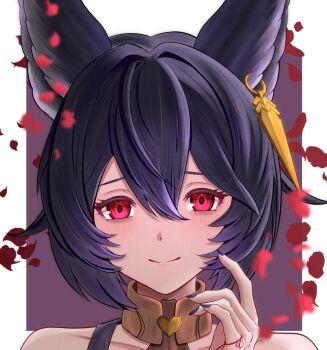 1girl animal_ear_piercing animal_ears bare_shoulders black_hair black_nails choker closed_mouth commentary_request erune granblue_fantasy hair_between_eyes hilda_sakura light_blush light_smile looking_at_viewer nail_polish nier_(granblue_fantasy) petals piercing portrait purple_background red_eyes short_hair simple_background solo white_background