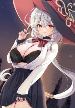 1girl black_bra black_hat black_skirt blue_archive blush bow bowtie bra braid breasts cleavage closed_mouth collared_shirt commentary_request diagonal-striped_bow diagonal-striped_bowtie diagonal-striped_clothes dress_shirt eri_(blue_archive) grey_hair halo hat highres katsushika_pachi large_breasts long_hair long_sleeves looking_at_viewer miniskirt open_clothes open_shirt orange_eyes pleated_skirt red_bow red_bowtie shirt side_braid skirt sky smile solo star_(sky) starry_sky striped_bow striped_bowtie striped_clothes sweat underwear very_long_hair white_shirt witch_hat yellow_halo