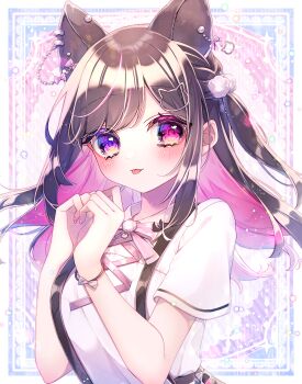 Rule 34 | 1girl, :3, :p, animal ear piercing, animal ears, black hair, blush, border, bow, bowtie, breasts, cat ears, cat hair ornament, closed mouth, collared shirt, colored inner hair, cross-laced clothes, cross-laced top, earrings, extra ears, hair ornament, half crown braid, hands up, heart, heart hands, heterochromia, highres, indie virtual youtuber, jewelry, looking at viewer, mismatched earrings, multicolored eyes, multicolored hair, pink background, pink bow, pink bowtie, pink eyes, pom pom (clothes), pom pom hair ornament, purple background, purple eyes, purple hair, sapphire (ema-n), second-party source, shirt, short sleeves, sidelocks, small breasts, solo, suspenders, tongue, tongue out, two-tone eyes, upper body, white border, white shirt