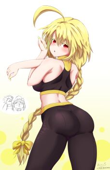 Rule 34 | 1boy, 2girls, absurdres, ahoge, animal ears, arc system works, ass, bare shoulders, blazblue, blonde hair, blush, bow, braid, breasts, cat ears, from behind, hair bow, highres, iron tager, kokonoe (blazblue), kozup, lambda-11, large breasts, long hair, looking at viewer, looking back, multiple girls, open mouth, pants, red eyes, shiny clothes, shiny skin, sideboob, single braid, smile, tight clothes, tight pants, very long hair
