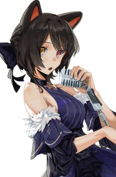 1girl absurdres animal_ears armpit_crease bare_shoulders black_hair blue_bow blue_dress blue_sleeves bow breasts collarbone commentary_request detached_sleeves dog_ears dress fangs from_side fur-trimmed_sleeves fur_trim hair_bow halter_dress halterneck hand_up heterochromia highres holding holding_microphone_stand inui_toko inui_toko_(nornis) looking_at_viewer looking_to_the_side medium_breasts medium_hair microphone microphone_stand nail_polish nijisanji open_mouth red_eyes solo textless_version three-quarter_sleeves upper_body virtual_youtuber white_background white_nails yellow_eyes zxjv