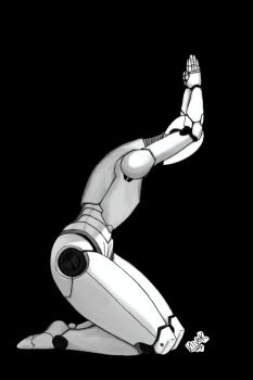 Rule 34 | androgynous, android, arms up, black background, faceless, flat chest, from side, full body, greyscale, head bowed, highres, joints, kevio nivek, kneeling, monochrome, no humans, non-web source, original, praying, robot, robot joints, science fiction, signature, simple background, solo, thick thighs, thighs