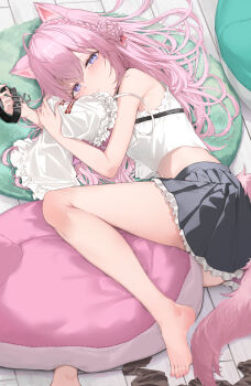 1girl absurdres animal_ears antenna_hair bare_shoulders barefoot belt belt_collar black_belt black_choker black_collar black_skirt blush braid braided_bun breasts brown_pantyhose choker choker_removed closed_mouth collar crown_braid cushion feet fingernails frilled_shirt frills hair_bun hair_ribbon hakui_koyori hakui_koyori_(1st_costume) heart_collar highres hololive koyokurosuki long_hair looking_at_viewer lying midriff nail_polish navel on_side pantyhose pink_hair pink_nails pink_tail purple_eyes red_ribbon ribbon sakamata_chloe sakamata_chloe_(1st_costume) shirt skirt sleeveless sleeveless_shirt solo stomach tail thighs toes unworn_collar unworn_pantyhose unworn_shirt virtual_youtuber white_shirt wolf_ears wolf_girl wolf_tail wooden_floor