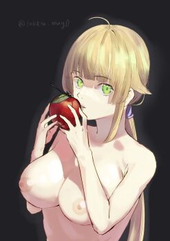 1girl absurdres ahoge apple black_background blonde_hair blunt_bangs breasts collarbone eating food fruit gradient_background green_eyes highres holding holding_food holding_fruit large_breasts long_hair looking_at_viewer low_ponytail mushoku_tensei nipples norn_greyrat nude parted_lips ponytail solo tokita_(mag0) twitter_username upper_body