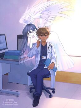 1boy 1girl aged_up alternate_eye_color angel angel_wings black_hair black_shoes blue_pants bright_pupils brown_eyes brown_hair chair clipboard closed_mouth collarbone commentary computer_keyboard dark-skinned_male dark_skin double-parted_bangs dress ear_piercing english_commentary hair_between_eyes hands_on_own_cheeks hands_on_own_face hero_(faraway)_(omori) hero_(omori) highres holding holding_clipboard id_card indoors lab_coat lanyard long_hair long_sleeves looking_at_viewer mari_(omori) mari_(spirit)_(omori) maromichan monitor omori pants piercing shoes short_sleeves sitting smile stethoscope_around_neck swivel_chair twitter_username white_dress white_eyes white_pupils wings