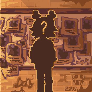 7ir1s ? brick_wall bulletin_board censored censored_identity character_request day december_holiday deltarune facing_viewer friend_(deltarune) highres outdoors outline pixel_art poster_(object) silhouette standing utdr_(toby_fox) yellow_outline