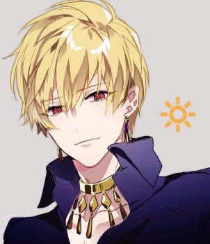 1boy blonde_hair blue_shirt commentary commentary_request earrings fate/grand_order fate_(series) gilgamesh gilgamesh_(caster)_(fate) gilgamesh_(establishment)_(fate) gilgamesh_(fate) grey_background hair_between_eyes highres jewelry kaa light_smile looking_at_viewer male_focus necklace official_alternate_costume portrait red_eyes shirt short_hair simple_background smile solo sun