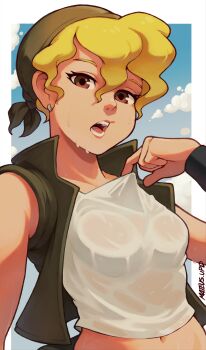 1girl absurdres artist_name bandana blonde_hair blue_sky border breasts brown_eyes cloud day earrings female_focus hair_between_eyes highres jewelry kasamoto_eri looking_at_viewer mateus_upd metal_slug midriff navel open_mouth outdoors shirt short_hair signature sky small_breasts snk solo sweat sweaty_clothes teeth upper_body vest wet wet_clothes wet_shirt white_shirt wristband