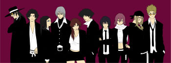 alucard_(hellsing) black_hair black_lagoon blonde_hair breasts cleavage closed_mouth commentary cowboy_bebop crossover dante_(devil_may_cry) devil_may_cry_(anime) devil_may_cry_(series) english_commentary ergo_proxy eyeshadow flcl formal_clothes ghost_in_the_shell glasses gloves haruhara_haruko hat hellsing highres kusanagi_motoko kusuriuri_(mononoke) long_hair looking_at_viewer makeup mononoke mugen_(samurai_champloo) multiple_boys multiple_girls necktie pink_hair re-l_mayer revy_(black_lagoon) samurai_champloo scarf short_hair simple_background spike_spiegel suit trigun vampire vash_the_stampede white_hair yellow_eyes