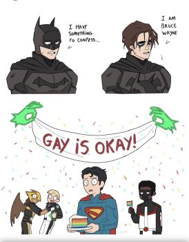 batman batman_(series) black_hair blue_bodysuit blue_eyes bodysuit bruce_wayne cape dc_comics gay_is_ok_(meme) genuinepresale highres male_focus meme multiple_boys muscular muscular_male rainbow_flag red_cape short_hair superhero_costume superman superman_(2025) superman_(series)