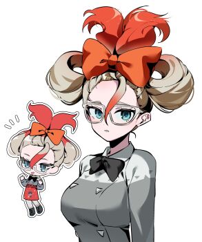1girl absurdres alternate_hairstyle apron black_bow black_bowtie blue_eyes bow bowtie ebi_(shrimp_eleven) glasses gradient_hair griselle_(pokemon) hair_bow highres long_sleeves looking_at_viewer multicolored_hair nintendo orange_apron orange_bow pantyhose parted_lips pokemon pokemon_legends:_z-a ponytail print_apron red_apron red_hair shirt simple_background smile two-tone_hair waist_apron white-framed_eyewear white_background white_hair white_pantyhose white_shirt