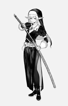 1girl absurdres braid cross dress frze18 gauntlets greyscale highres holding holding_sword holding_weapon jewelry looking_at_viewer mole mole_under_eye monochrome necklace nun_headdress original pouch puffy_sleeves purity_seal sheath side_braids simple_background smile solo sword unsheathing weapon white_background