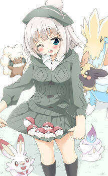 Rule 34 | 1girl, adapted costume, alternate costume, black socks, blush, candle, cardigan, character request, collared shirt, commentary request, cosplay, crossover, gen 5 pokemon, gen 8 pokemon, gloria (pokemon), gloria (pokemon) (cosplay), green cardigan, green hat, green sweater, hat, highres, hood, hooded cardigan, kneehighs, konpaku youmu, litwick, long sleeves, medium hair, morpeko, nintendo, open mouth, pleated skirt, poke ball, pokemon, pokemon (creature), pokemon swsh, scorbunny, shirt, shishiky, skirt, skirt basket, smile, socks, sweater, tam o' shanter, touhou, whimsicott, white shirt