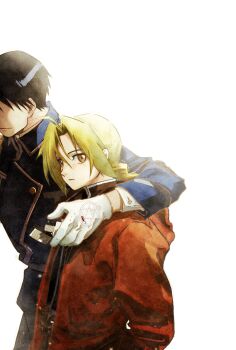 2boys absurdres ahoge arm_around_shoulder black_hair black_jacket blonde_hair blood blood_on_hands blue_jacket braid closed_mouth coat edward_elric fullmetal_alchemist gloves hair_between_eyes highres holding holding_lighter jacket lighter long_hair looking_at_viewer male_focus military_jacket military_uniform multiple_boys parted_bangs red_coat roy_mustang short_hair single_braid upper_body white_background white_gloves yellow_eyes youritai