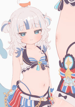 1girl :3 alternate_costume animal animal_on_head arms_at_sides belly belt bikini bikini_bottom_under_shorts bikini_under_clothes blue_bra blue_eyes blue_streaks blunt_bangs bra breasts closed_mouth colored_tips ebi-chan_(gawr_gura) fins fish_tail fokkahim7 gawr_gura grey_hair half-closed_eyes hololive hololive_english loli looking_at_viewer medium_hair midriff multicolored_hair multiple_views navel no_nose on_head shark_tail short_shorts shorts single_hair_streak small_breasts solo streaked_hair striped_bra striped_clothes swimsuit tail underwear virtual_youtuber white_background white_belt